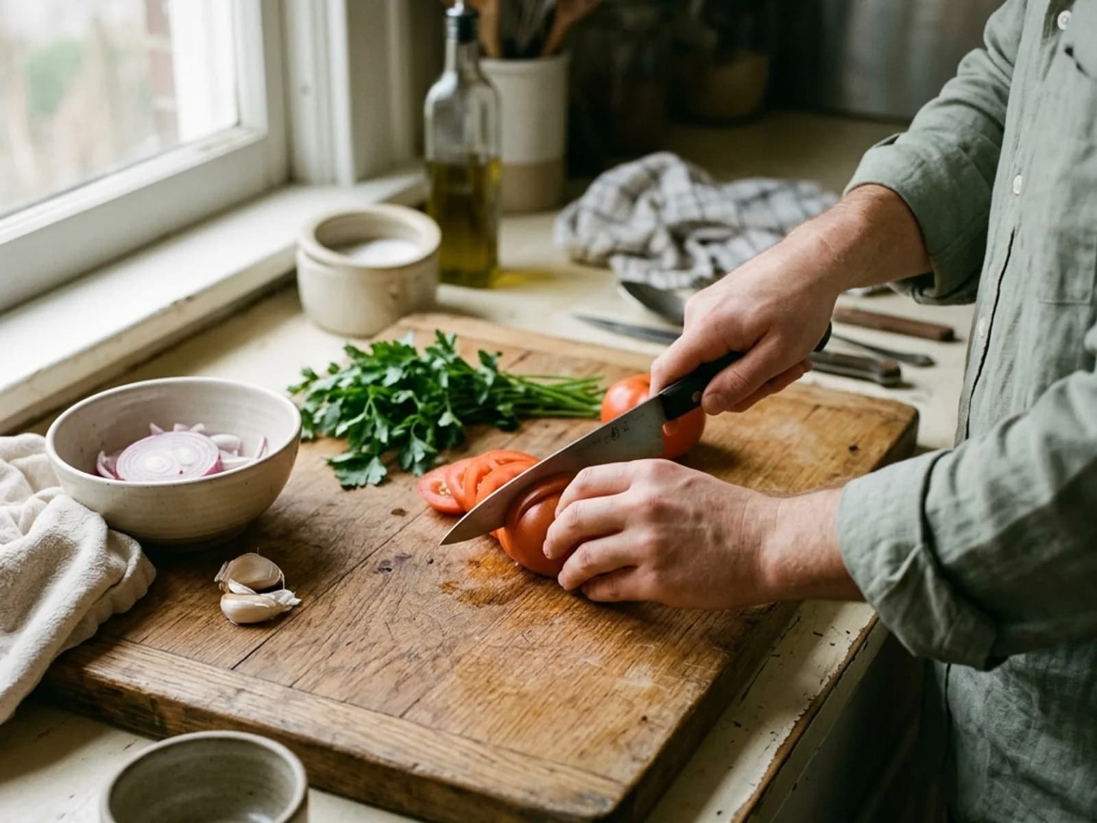 A person's hands preparing raw green vegetables on a wooden cutting board under window light.