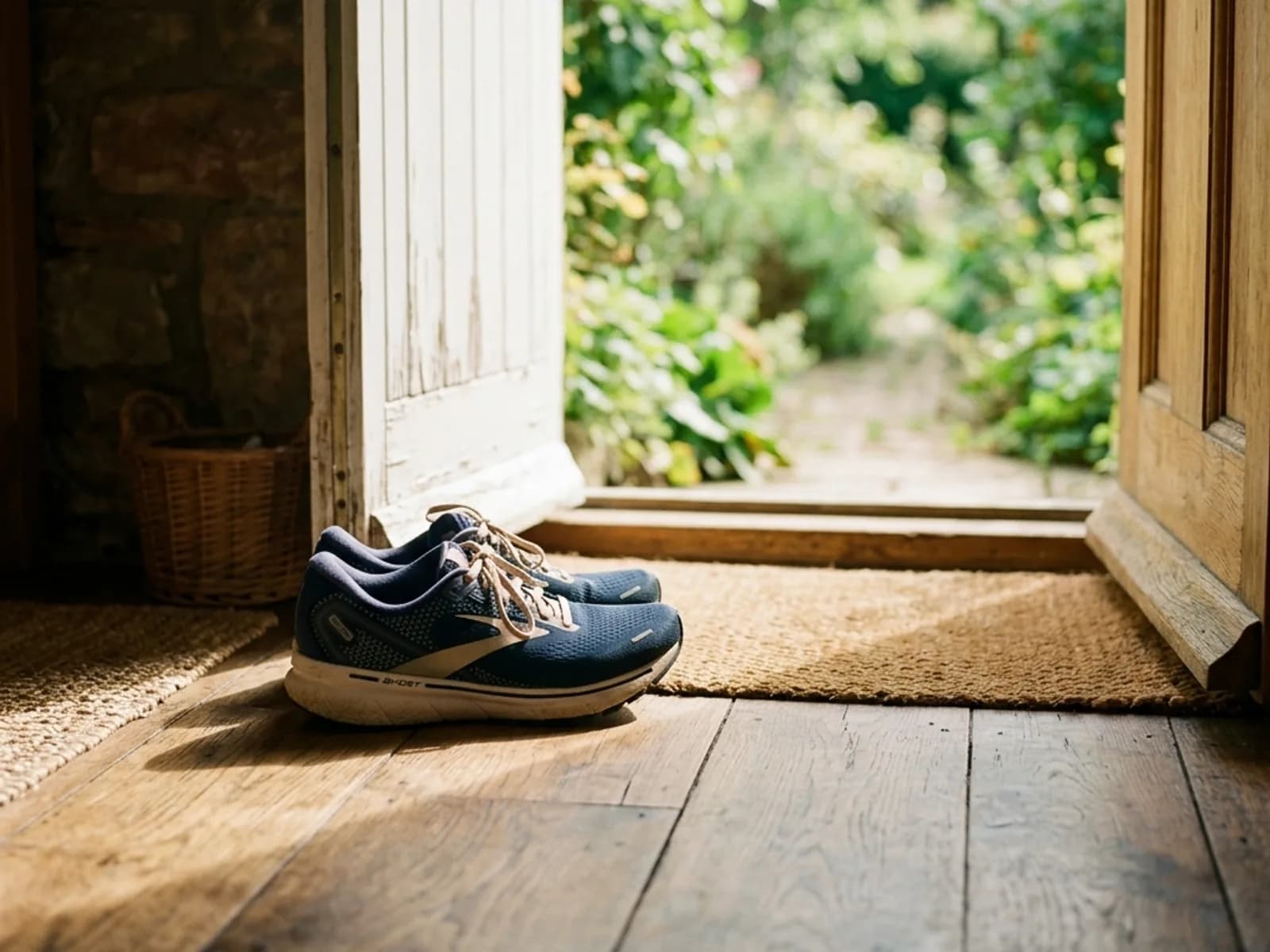 A pair of clean running shoes on the floor beside a bright open doorway with morning light spilling in.